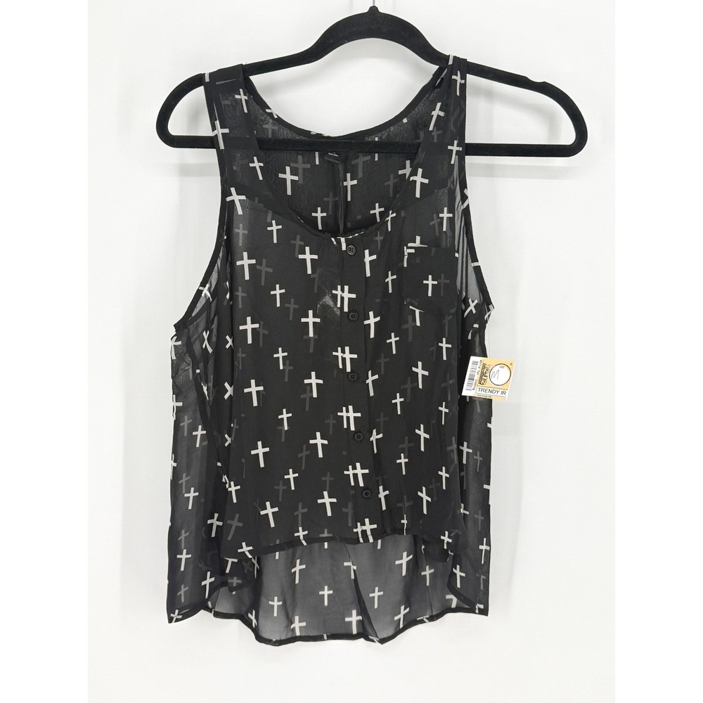 Black Cross Print Sheer Button Front Tank Top Size L Witchy Goth Fairy Grunge